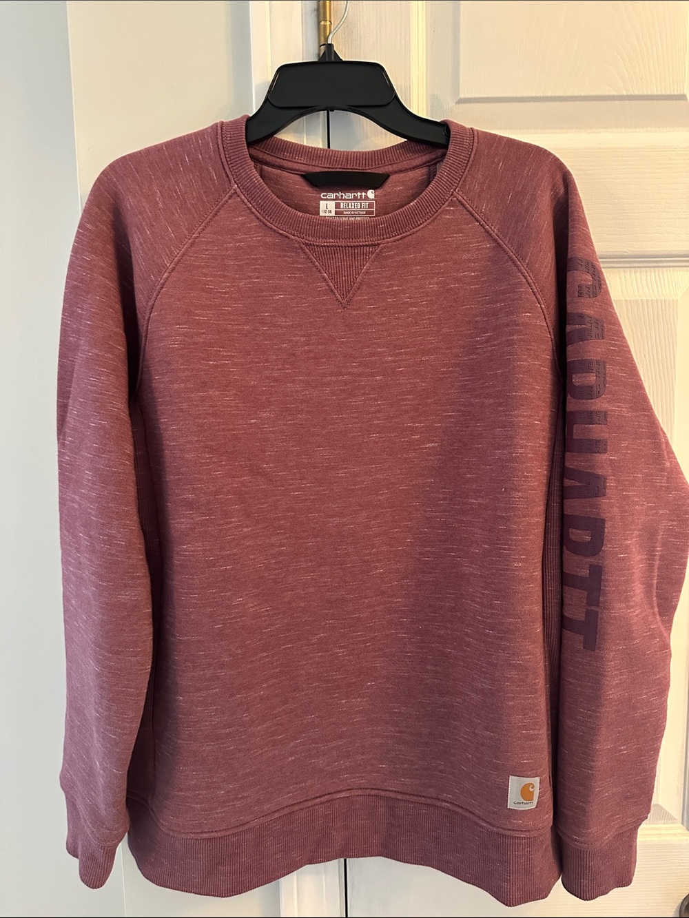 Carhartt Relaxed Fit Crew Sweatshirt with Block Logo in Plum Crewneck- L